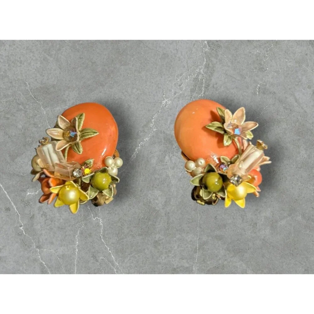 Vintage Floral Clip On Earrings  Orange Beads Filigree  Rhinestones 1.5